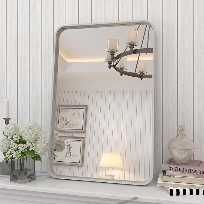 16x24 Inch Brushed Nickel Bathroom Mirror, Rounded Rectangle Silver Metal Frame by CHARMOR