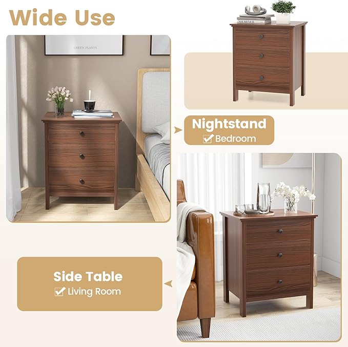 KOMFOTT 3 Drawers Nightstand, Wooden Bedside Table, Modern Sofa Side End Table - Image 8
