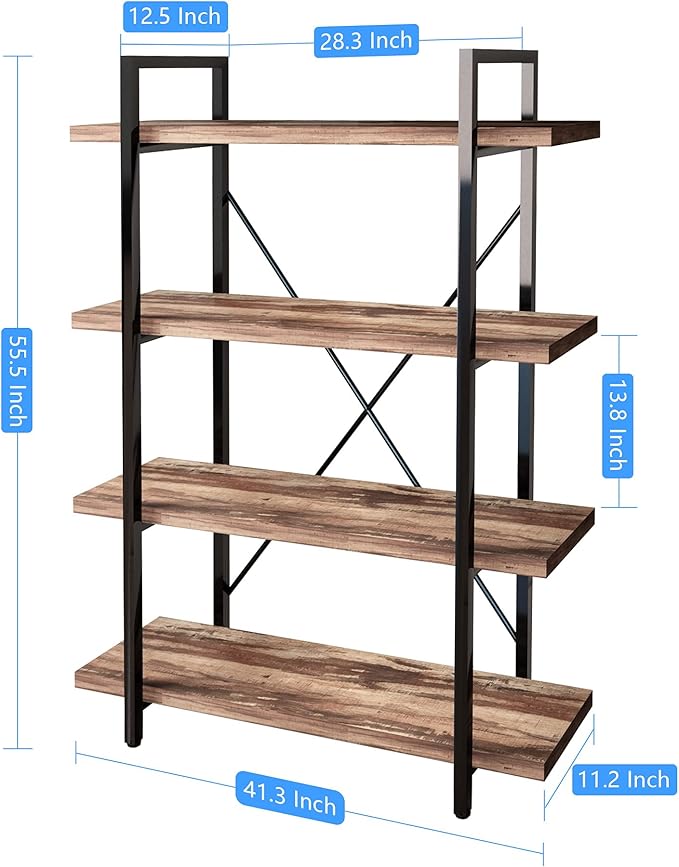 45MinST 4-Tier Vintage Industrial Style Bookcase/Metal and Wood Bookshelf - Image 2