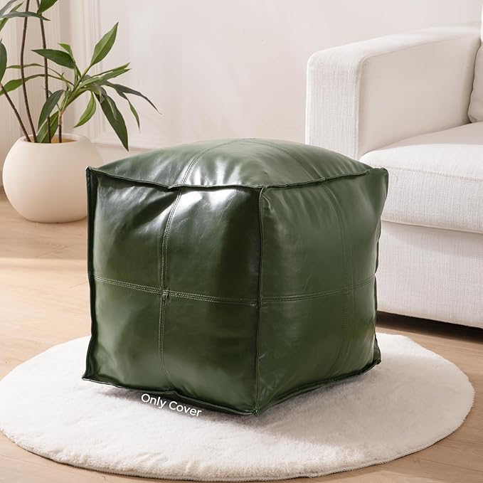 Unstuffed Pouf Cover, 17.7" Faux Leather Poofy Ottoman Cover, Square Footstool by OAKVIVOElegantLifestyle