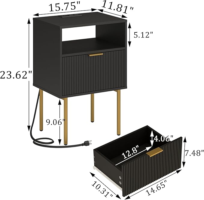 Modern Nightstand with Charging Station and LED Lights, Fluted Nightstand - Image 2