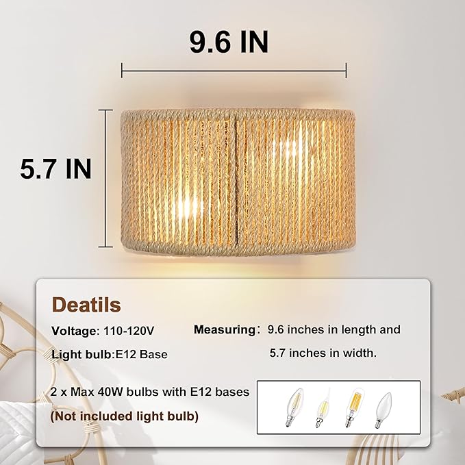 Rattan Wall Sconce Boho Wall Light Fixture Hand Woven Wall Mounted Lamp - Image 2