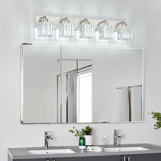 Modern Vanity Light 5-Lights Brushed Nickel Vanity Light Crystal Bathroom Wall - Image 7