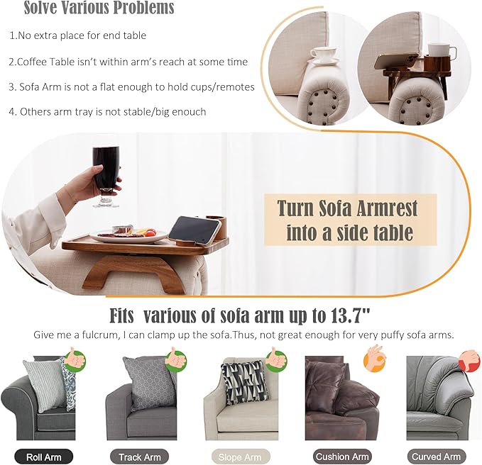Nnewvante Couch Cup Holder Tray, 3 in 1 Large 15.36"x9.85" Acacia Wood Sofa Arm - Image 4