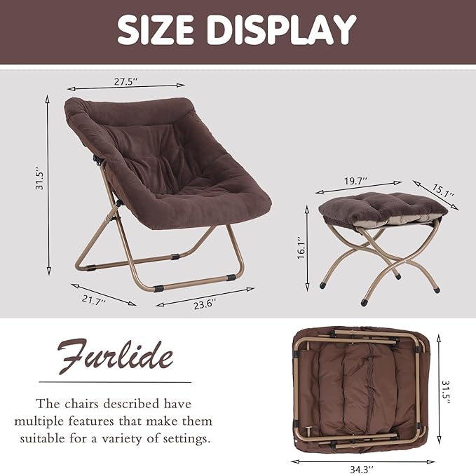 Saucer Chair with Ottoman, Oversized Folding Faux Fur Chair, Foldable Metal - Image 3