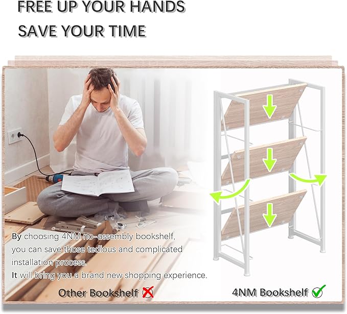 4NM No-Assembly Folding Bookshelf Storage Shelves 3 Tiers Vintage Bookcase - Image 6