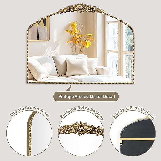 Vintage Gold Arched Mirror 40"X30", Antique Baroque Mantel Mirror - Image 4