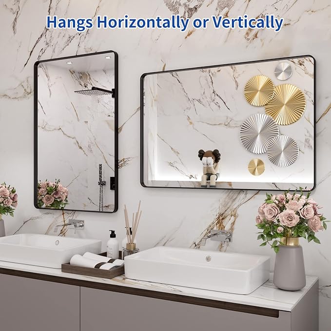 WEER Black Framed Bathroom Mirror, 24X36 Inch Rounded Rectangle Black Bathroom - Image 5