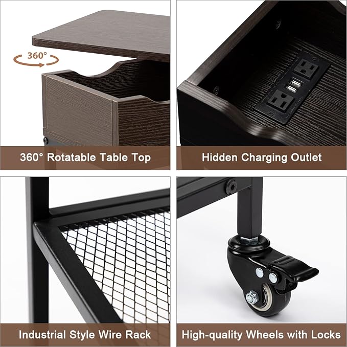 Hadulcet End Table with Charging Station & Rotating Top, Couch End Table - Image 8