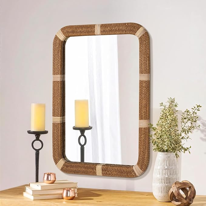 ULIKE Rectangle Rattan Wall Mirror, 22x30 Inch Rustic Farmhouse Wall Decor - Image 3