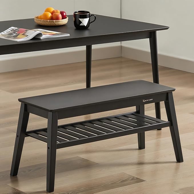 Nnewvante Bamboo Entryway Bench, 33.46" End of Bed Bench, 2 Tier Black Bench - Image 6