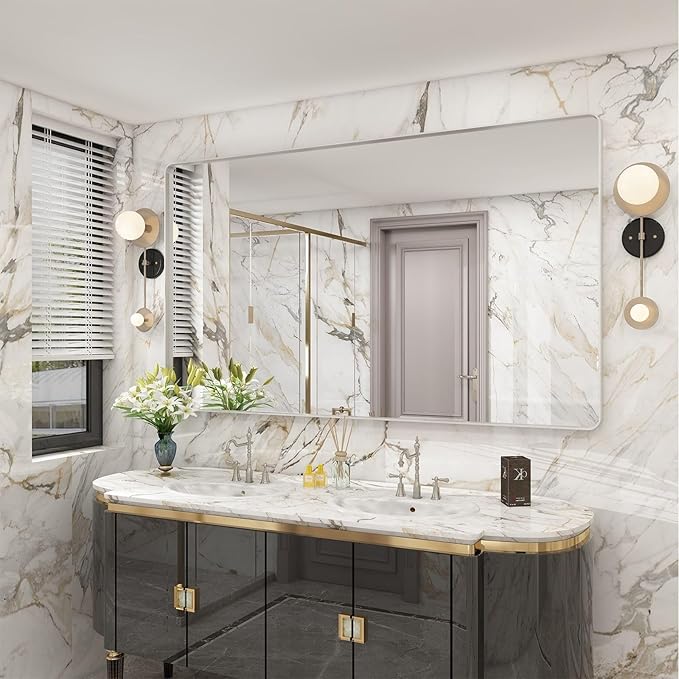 Brushed Nickel Bathroom Mirror 77x36 Inch, Brushed Silver Metal Frame Mirror - Image 2