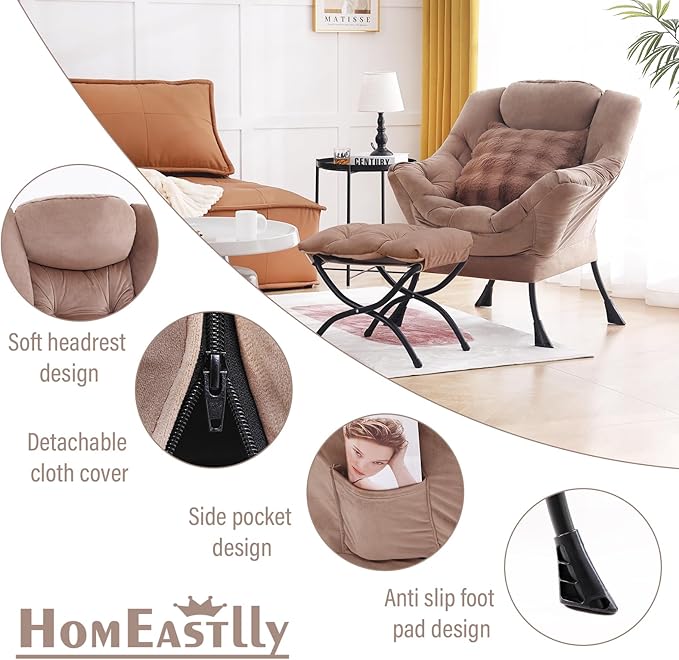 Large Lazy Chair with Ottoman, Accent Reading Chair with a Throw Pillow - Image 5