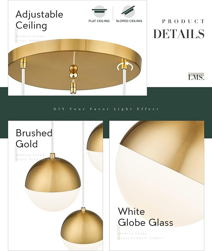 LMS Brushed Gold 3-Light Cluster Pendant Lights, Modern Kitchen Island Lighting - Image 3
