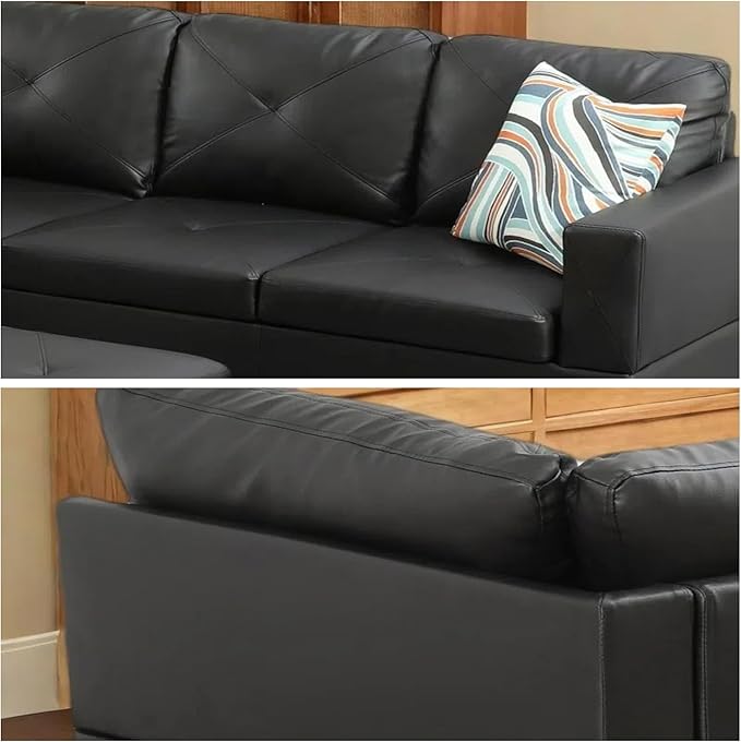 L-Shaped Sectional Sofa with Ottoman, Color Blocking Flannel Leather - Image 5