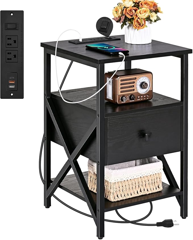 Side Tables with Charging Station, Nightstands with Wood Drawer, Night Stand by Livofloral