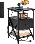 Side Tables with Charging Station, Nightstands with Wood Drawer, Night Stand by Livofloral