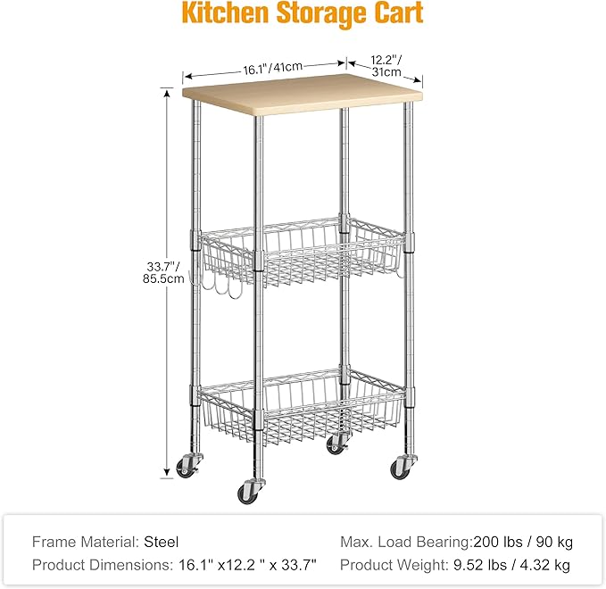 Rolling Kitchen Storage Cart, 3-Tier Storage Rack on Caster Wheels - Image 2