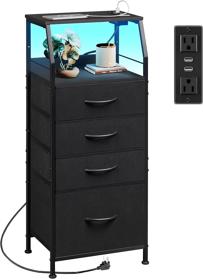 WLIVE Night Stand with Charger Station, LED Nightstand with 4 Fabric Drawers by WLIVE