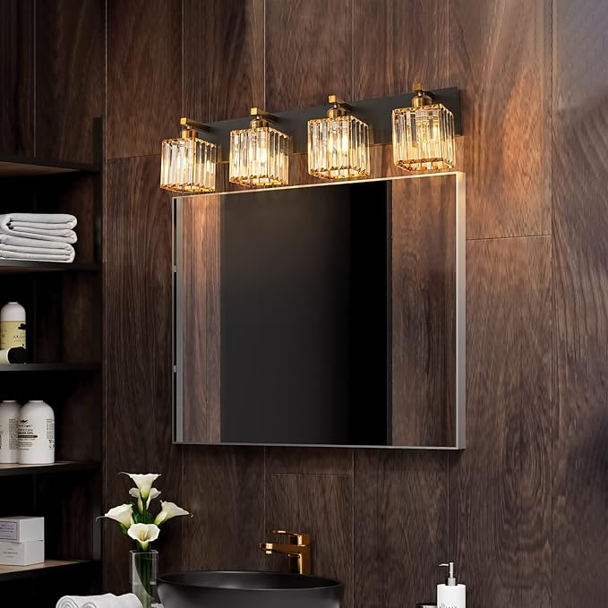 Modern Bathroom Vanity Light 4-Lights Black Gold Crystal Bathroom Wall Light - Image 3
