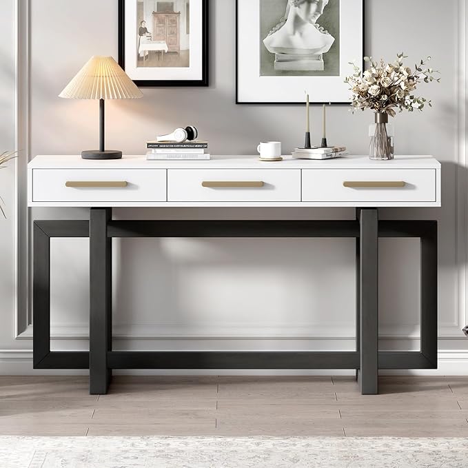 57” Console Sofa Table with 3 Storage Drawers, Modern Long Narrow Behind Couch - Image 3
