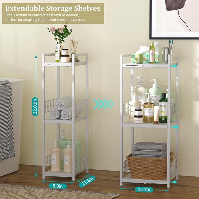 Expandable Slim Storage Shelf, 3 Tier Metal Shelving Unit - Image 3