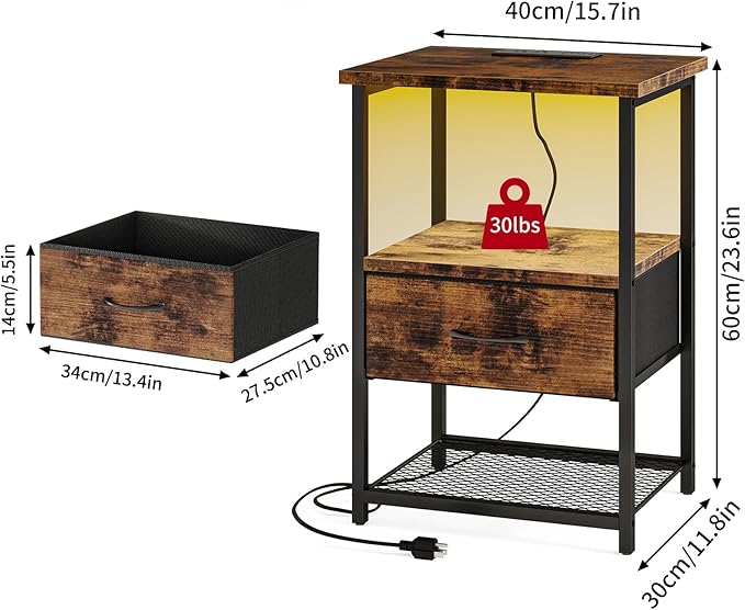 Fixwal Night Stand with Charging Station, LED Nightstand with Fabric Drawers - Image 3