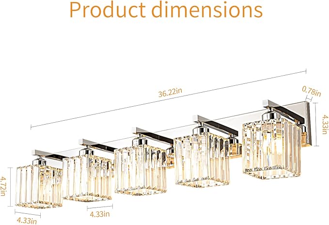 Modern Vanity Light 5-Lights Chrome Crystal Bathroom Wall Light Fixtures - Image 5