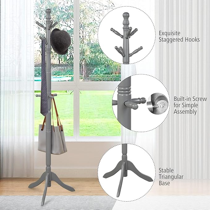 Tangkula Wood Coat Rack Freestanding, Entryway Height Adjustable Coat Stand - Image 8