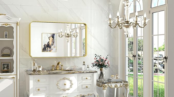 TokeShimi Gold Bathroom Mirror for Wall 40 x 24 Inch Rounded Corner Rectangle - Image 2