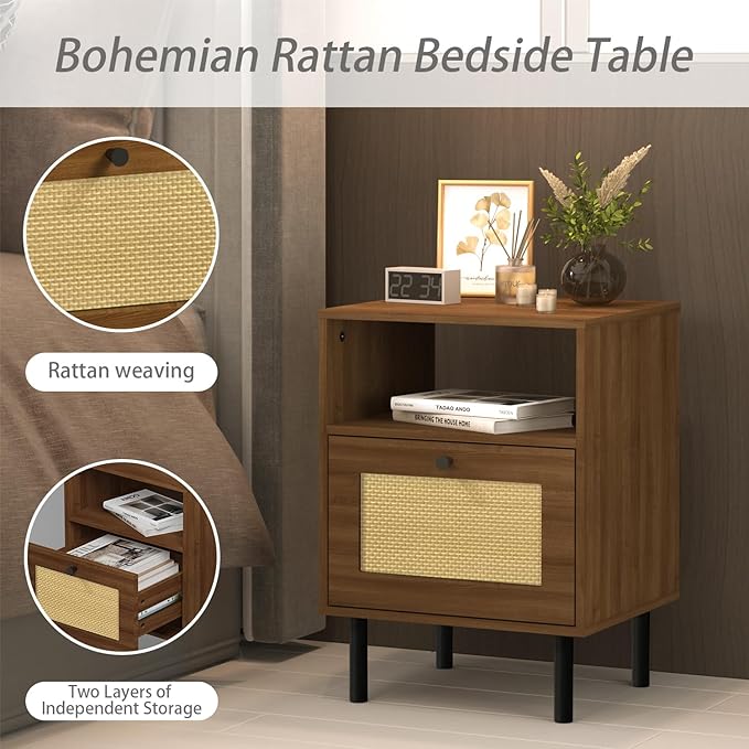 Rattan Nightstand with Storage Boho Modern Farmhouse Bedside Table with Drawer - Image 4