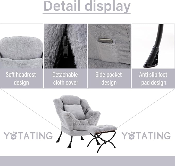 Lazy Chair with Ottoman, Comfy Reading Lounge Chair with Footstool & Throw - Image 4