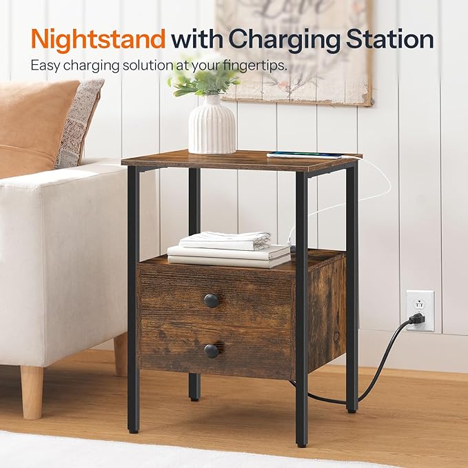 HOOBRO End Table Set of 2 with Charging Station, Nightstand with 2 Drawer & USB - Image 4