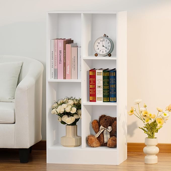 YAHARBO 5 Cube White Bookshelf, Small Modern Horizontal Bookcase, Wood Floor by YAHARBO