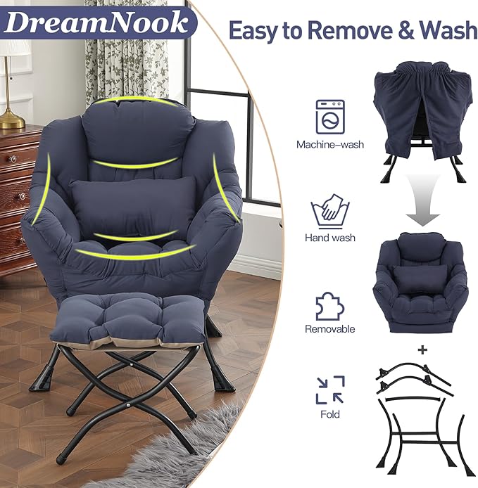 Lazy Chair with Ottoman, Modern Accent Chair with Lumbar Pillow, Comfy Chairs - Image 8