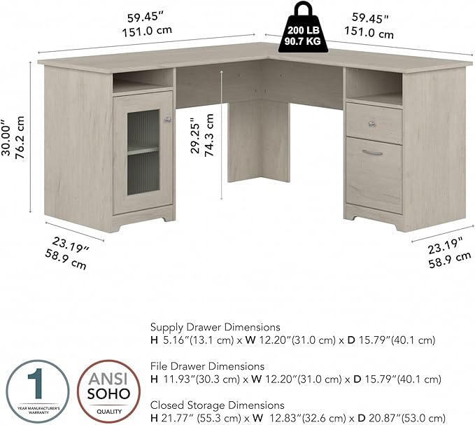 Bush Furniture Cabot 60W L Shaped Computer Desk in Linen White Oak - Image 3