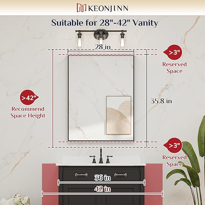 Keonjinn Black Bathroom Vanity Mirror 28 x 36 Inch Rectangle Wall Mirror Metal - Image 5