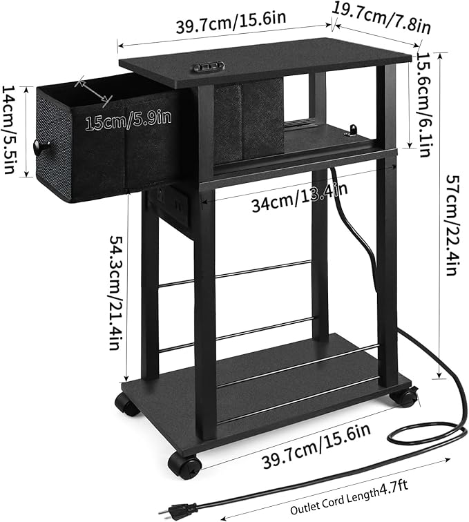 Side Table with Charging Station and Drawer, Narrow End Table with USB Ports - Image 3