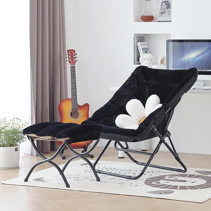 Comfy Folded Chair with Ottoman, Oversized Folding Faux Fur Chair Soft Furry - Image 2
