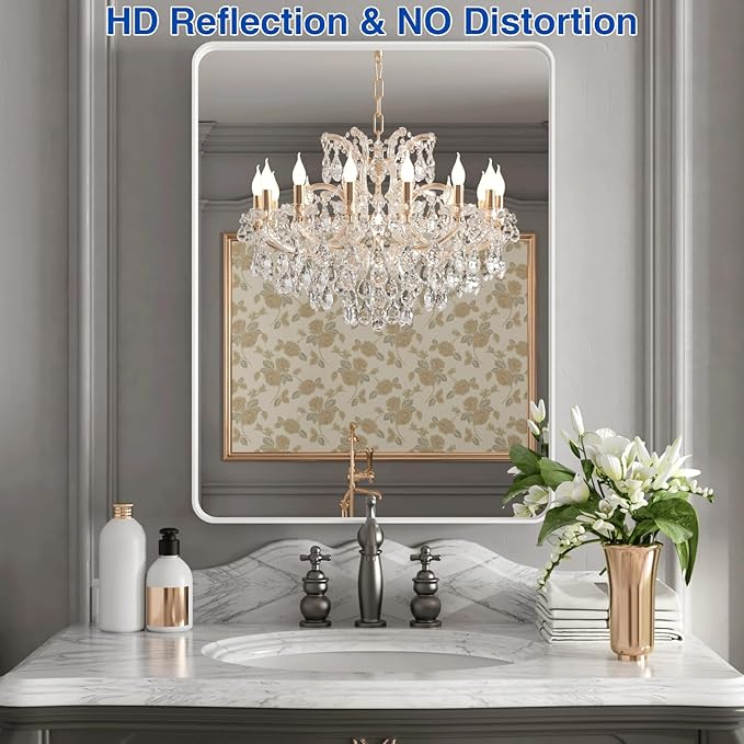 WEER White Bathroom Mirror 22X30 Inch, Rounded Rectangle White Metal Frame - Image 2