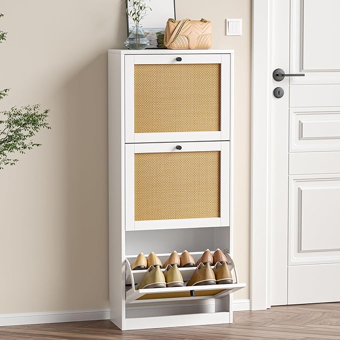 Rattan Shoe Cabinet with 3 Flip Drawers, Narrow Shoe Rack Cabinet with by Unknown