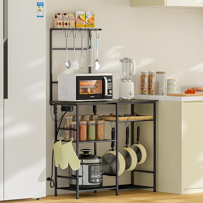 Bakers Rack with Power Outlet, Kitchen Microwave Stand with 10 S-shaped Hooks - Image 7