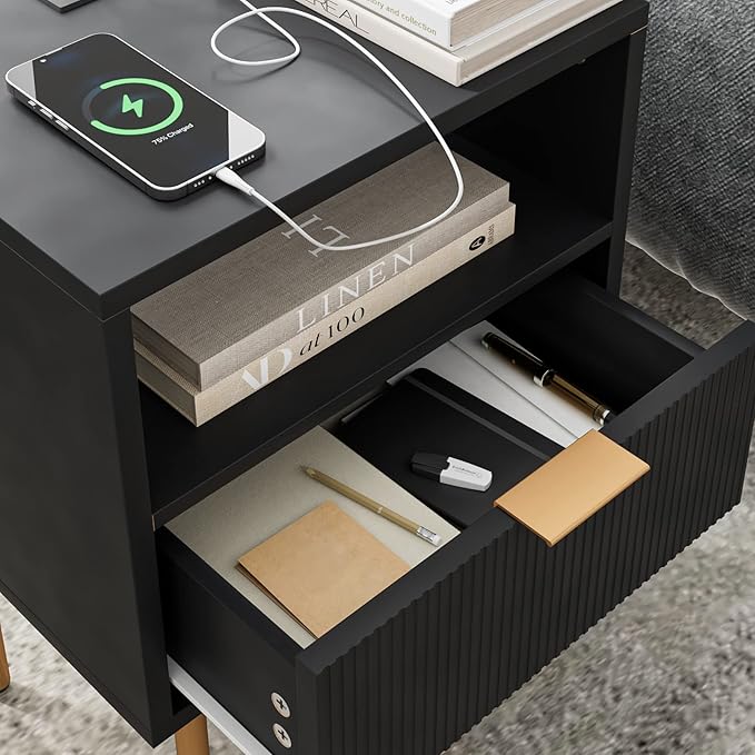 Masupu Nightstand with Charging Station, Mid-Century Modern Bedside Table with - Image 4