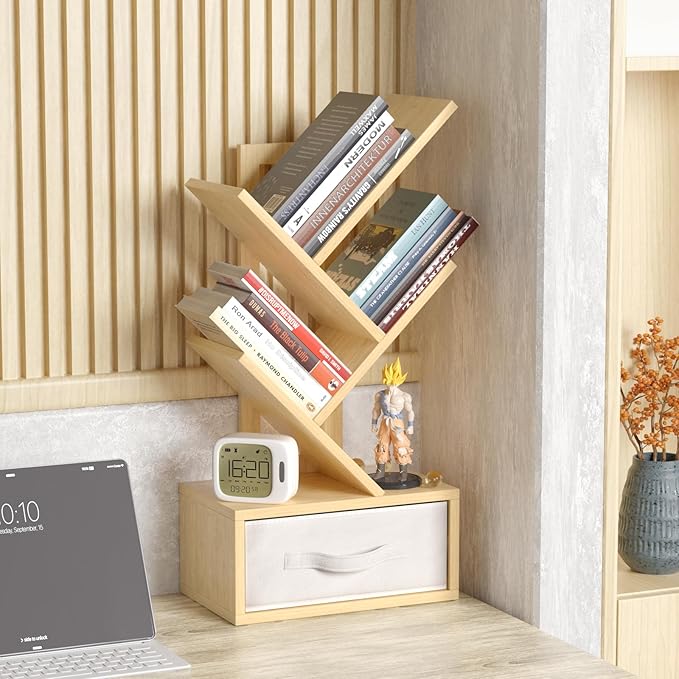 Small Book Shelf with Drawer, 4 Tier Black Tree Bookshelf, Wooden Desktop - Image 2