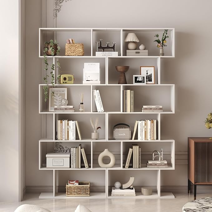 Yusong S Shaped Bookshelf, Modern Geometric Bookcase, 6-Tier White Display Case - Image 6