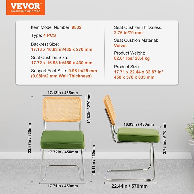 VEVOR Rattan Dining Chairs Set of 4, Mid Century Modern Dining Chair, - Image 3