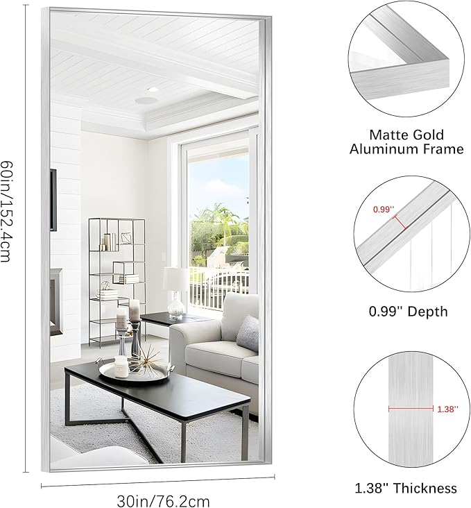 Silver Bathroom Mirror, 30x60 Inch Rectangular Deep Frame Mirror, Large Wall - Image 3