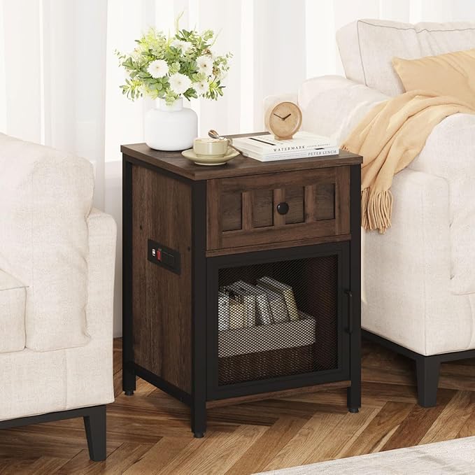 FATORRI End Table with Charging Station, Farmhouse Side Table with Drawer - Image 9