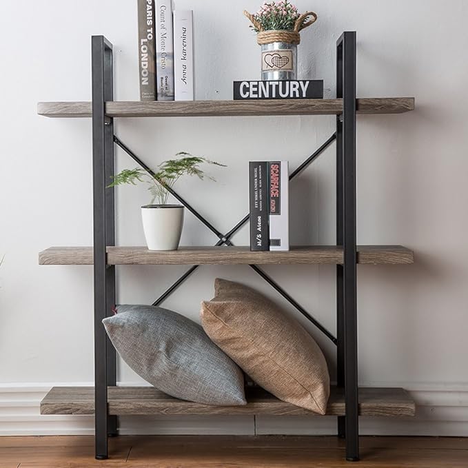 HSH 3-Shelf Bookcase, Rustic Gray 3 Tier Bookshelf, Vintage Industrial Wooden - Image 8