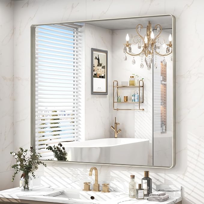 40x36 Inch Brushed Nickel Bathroom Mirror, Brushed Silver Metal Framed Wall by VANLIOBathroomMirror